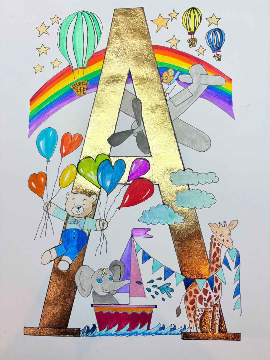 Gilded gold letter A is for animals having fun