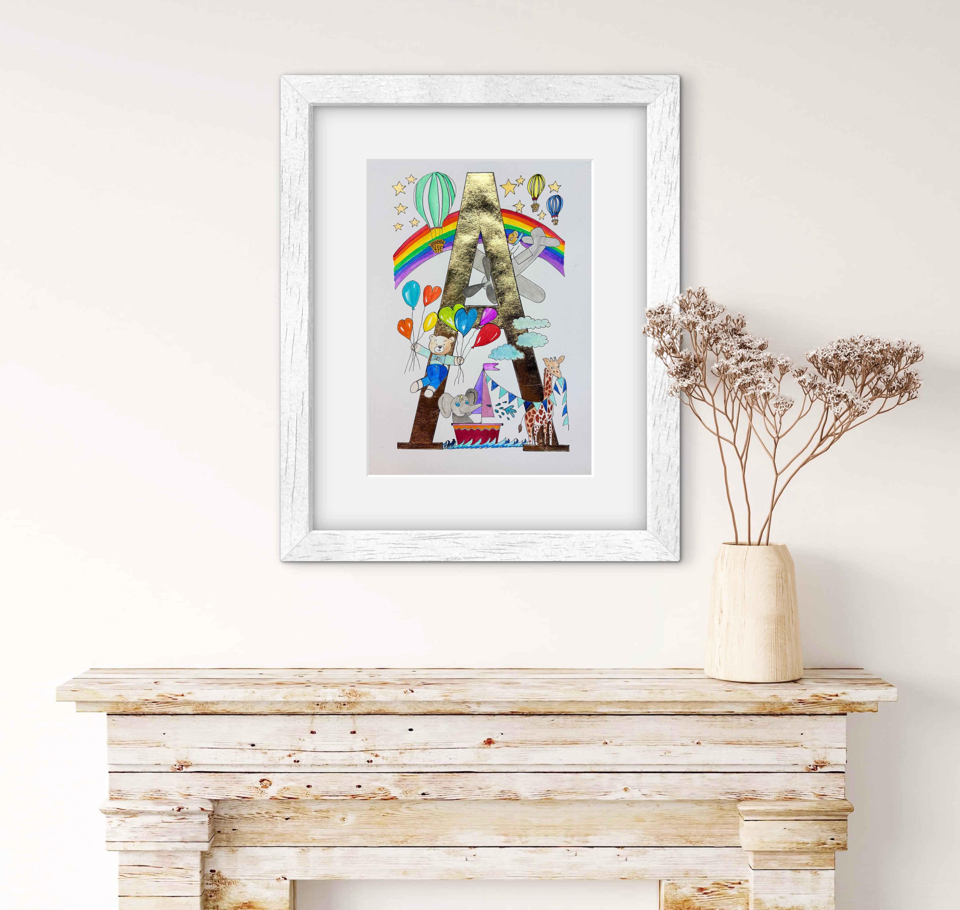 Gilded gold letter A is for animals having fun