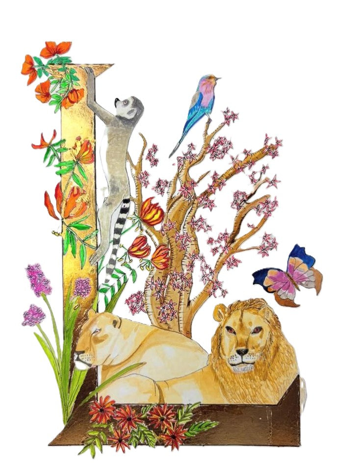 Gilded gold letter L FOR LION, LEMUR, LILAC BREASTED ROLLER, LILAC BEAUTY AFRICA