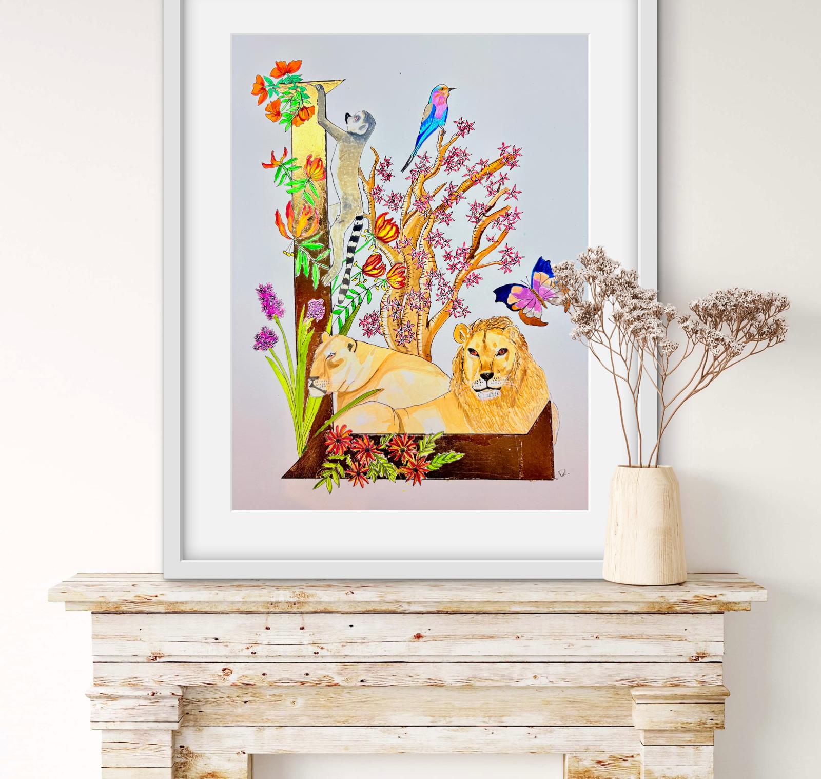 Gilded gold letter L FOR LION, LEMUR, LILAC BREASTED ROLLER, LILAC BEAUTY AFRICA