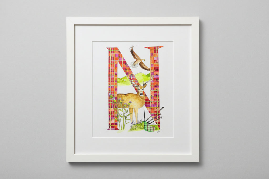 Gilded gold letter N is for the Nobe stag print