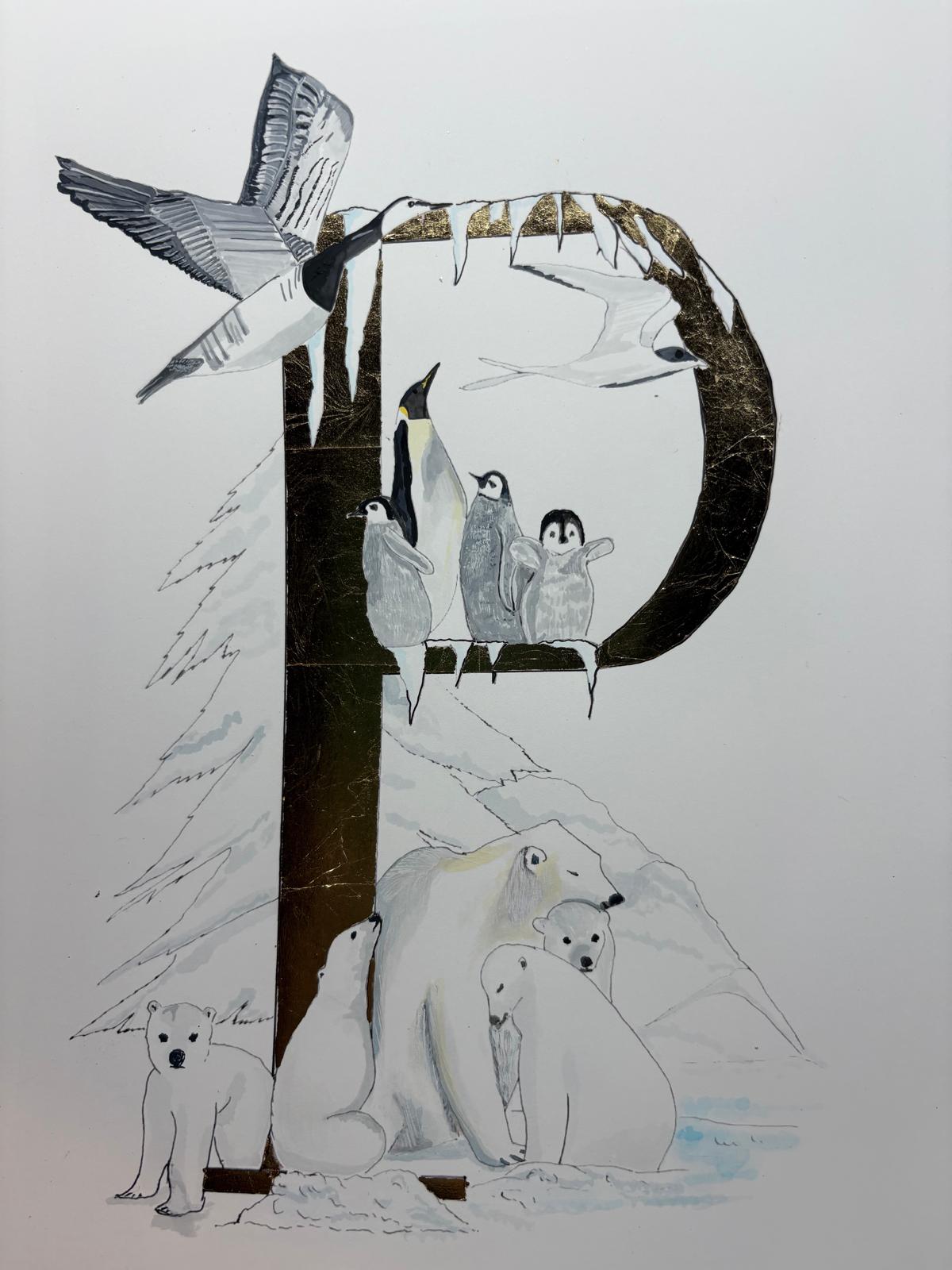 Gilded gold letter P for the Polar regions