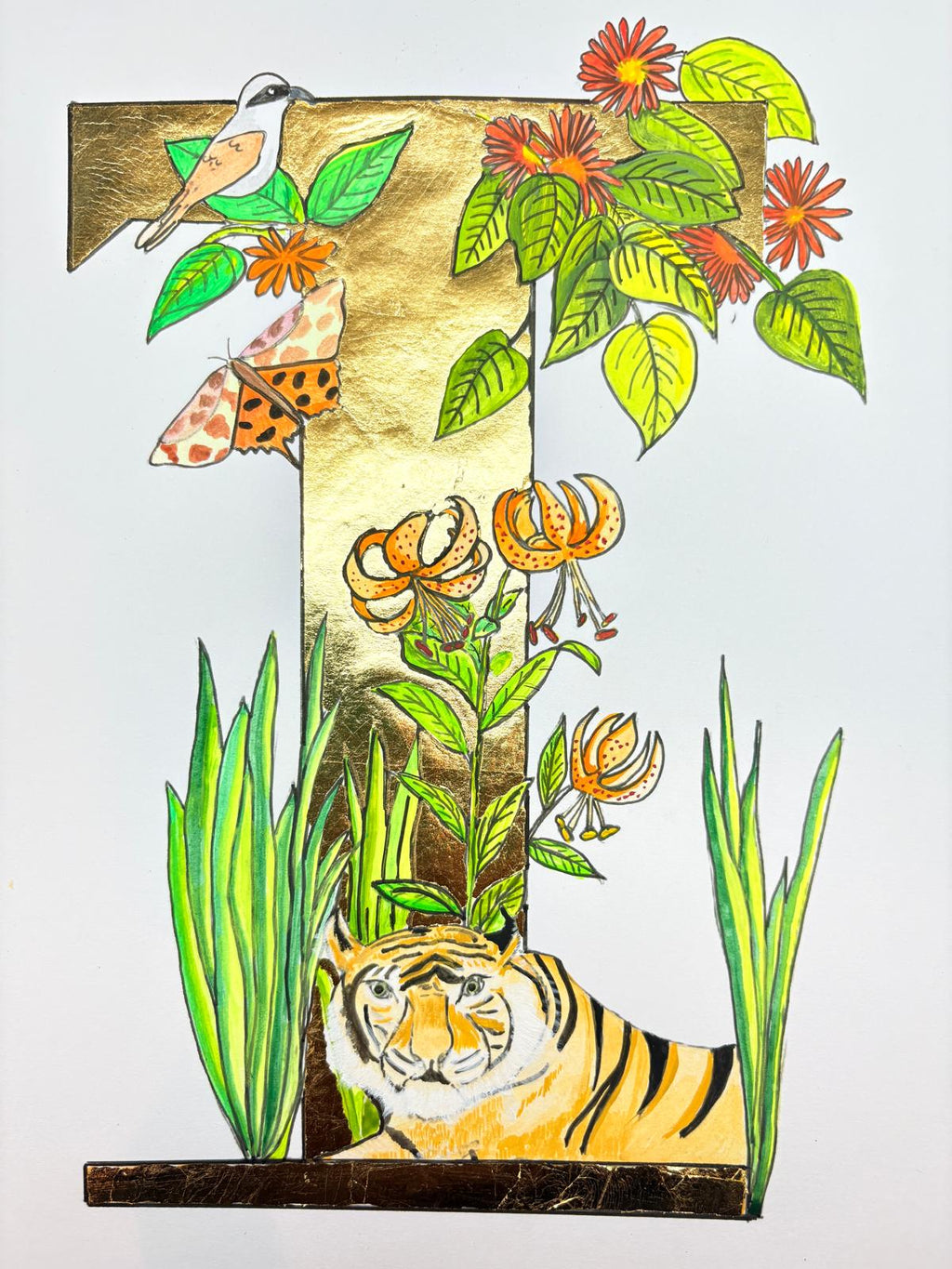 Gilded gold letter T for tiger, tiger lilly and tiger shrike