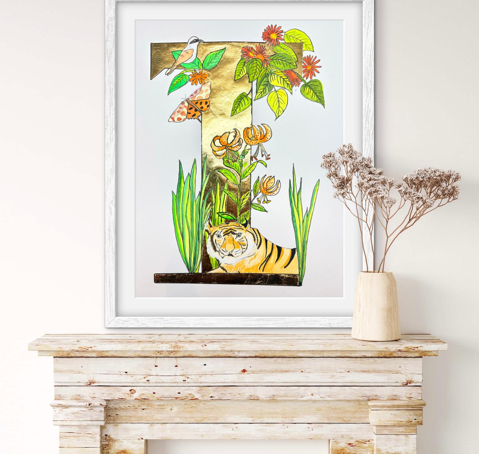 Gilded gold letter T for tiger, tiger lilly and tiger shrike