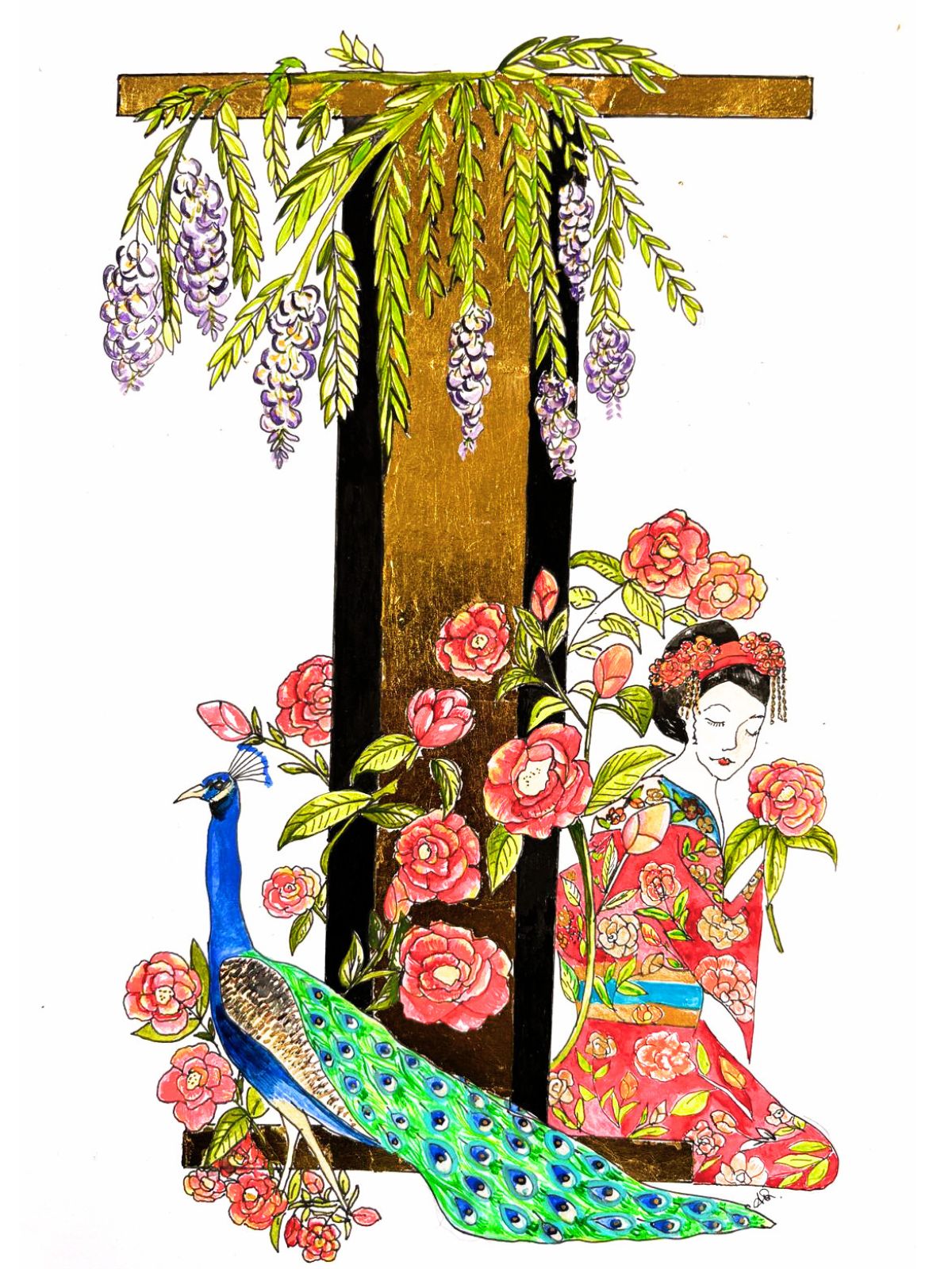 Gilded gold I with oriental style watercolours, all hand made